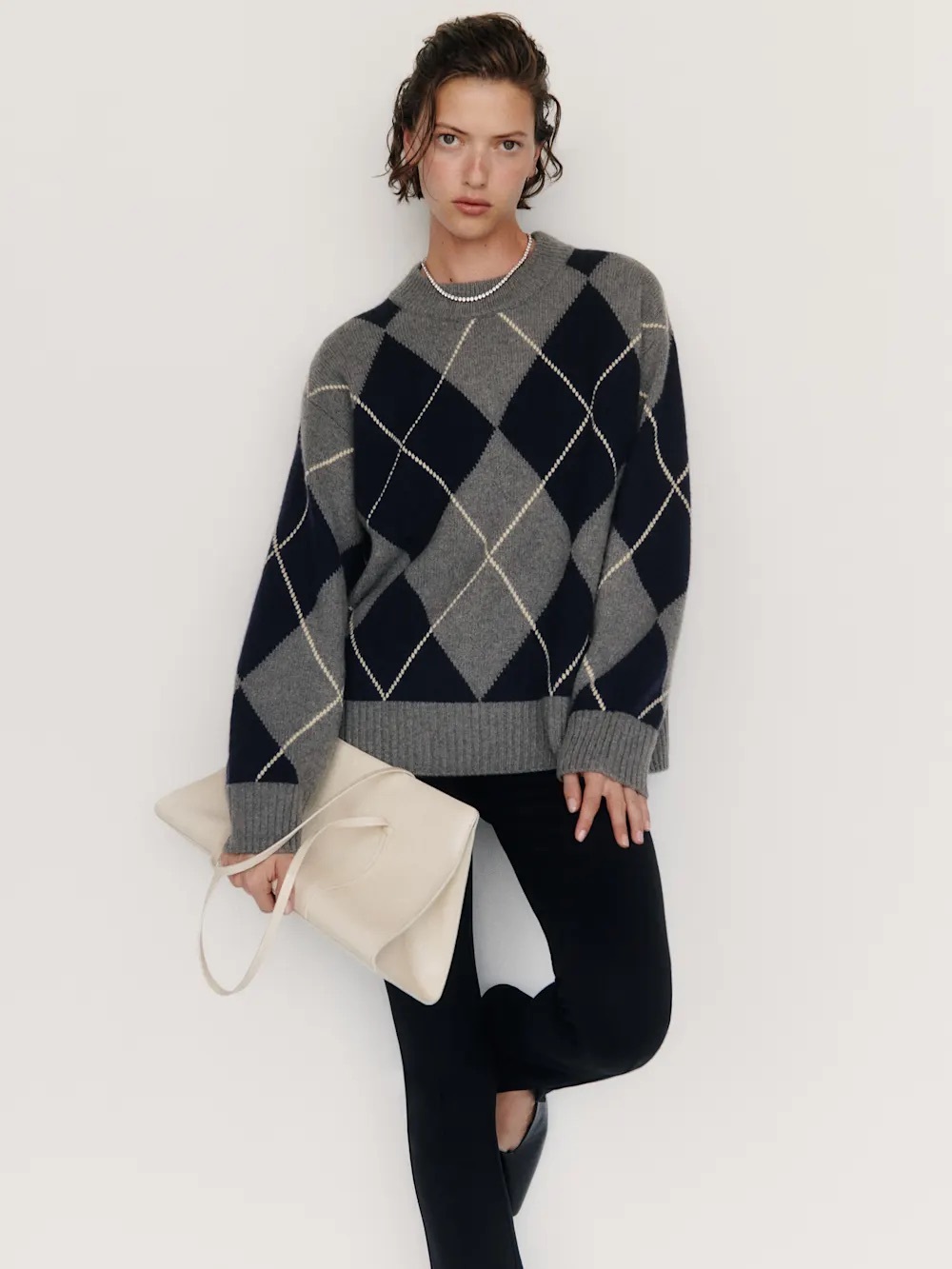 Reformation Cove Cashmere Oversized Crew Sweater Argyle Gray Navy Size M